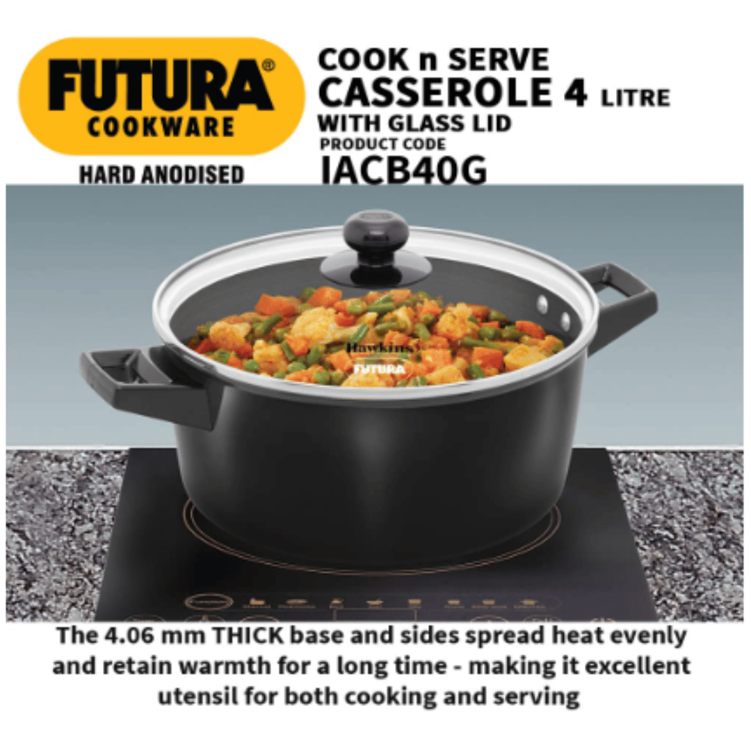 Hawkins Futura 4 Litre Cook N Serve Stewpots Bowl, Casserole, Hard Anodised Saucepan with Glass Lid, IACB40G