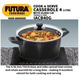 Hawkins Futura 4 Litre Cook N Serve Stewpots Bowl, Casserole, Hard Anodised Saucepan with Glass Lid, IACB40G