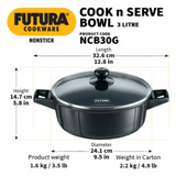 Hawkins Futura 3 Litre Cook N Serve Stewpots Bowl, Casserole, Hard Anodised Saucepan with Glass Lid, Non Stick, NCB30G