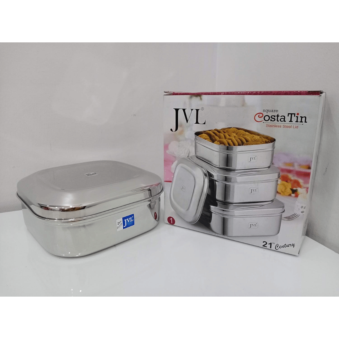 JVL Stainless Steel 1350ml Square Costa Tin Shape Container Box With Steel Lid (SCS-1) 