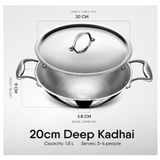 Stahl 1.8 L Triply Stainless Steel Kadai with Lid, Deep Frying Pan with Round Bottom, 4750