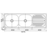 Franke 621X OMNI  (1479x504/59x20)  Stainless Steel 0.8mm European Satin Finish Double Bowl with Drain Board Sink 101.0153.151
