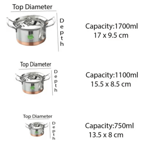  1700ml Normal Pot Copper Bottom Handi With Lid & Handle 3 Pcs Set