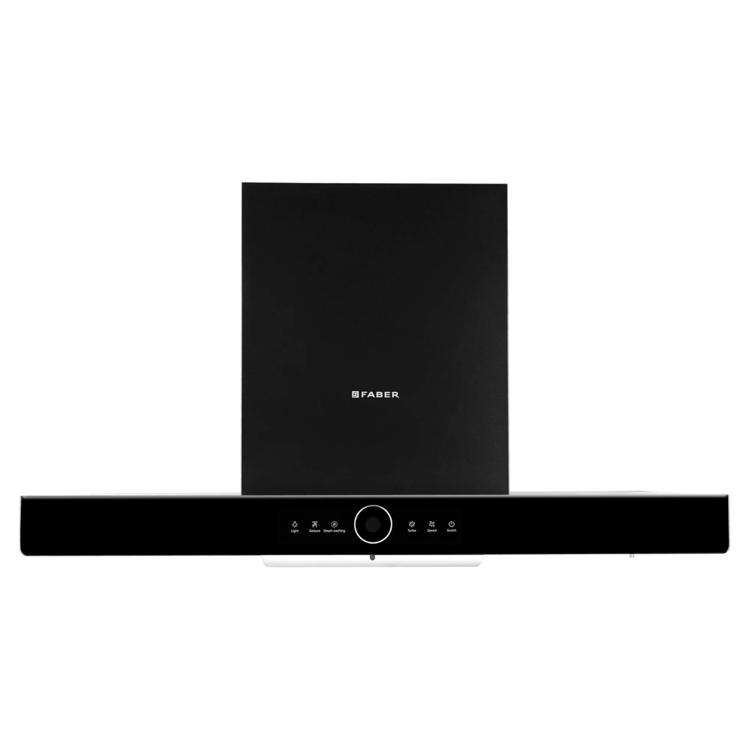 Faber Thunder Bolt FL SW SC BK 90cm Auto Clean Wall Mounted Chimney (1500 CMH) FIlterless Black Straight Glass Touch & Gesture Control