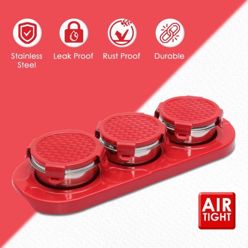 Jaypee plus ZETA-3 Airtight Inner Stainless Steel Dry Fruit Container Set of 3 with Tray 3N - 350 ml Red