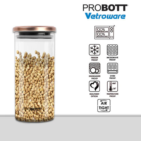 Vetroware 1300ml Glass Jar – Round Container with Golden Metal Airtight Cap – Premium, Crystal Clear, Rust-Proof