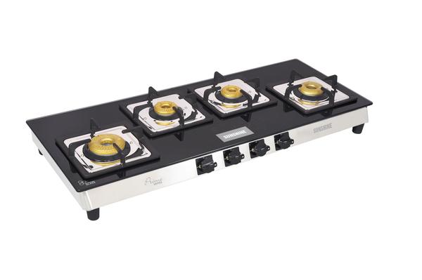 SUNSHINE PRIME OLYMPIC ALFA STAINLESS STEEL 4 BURNER TOUGHENED GLASS GAS STOVE