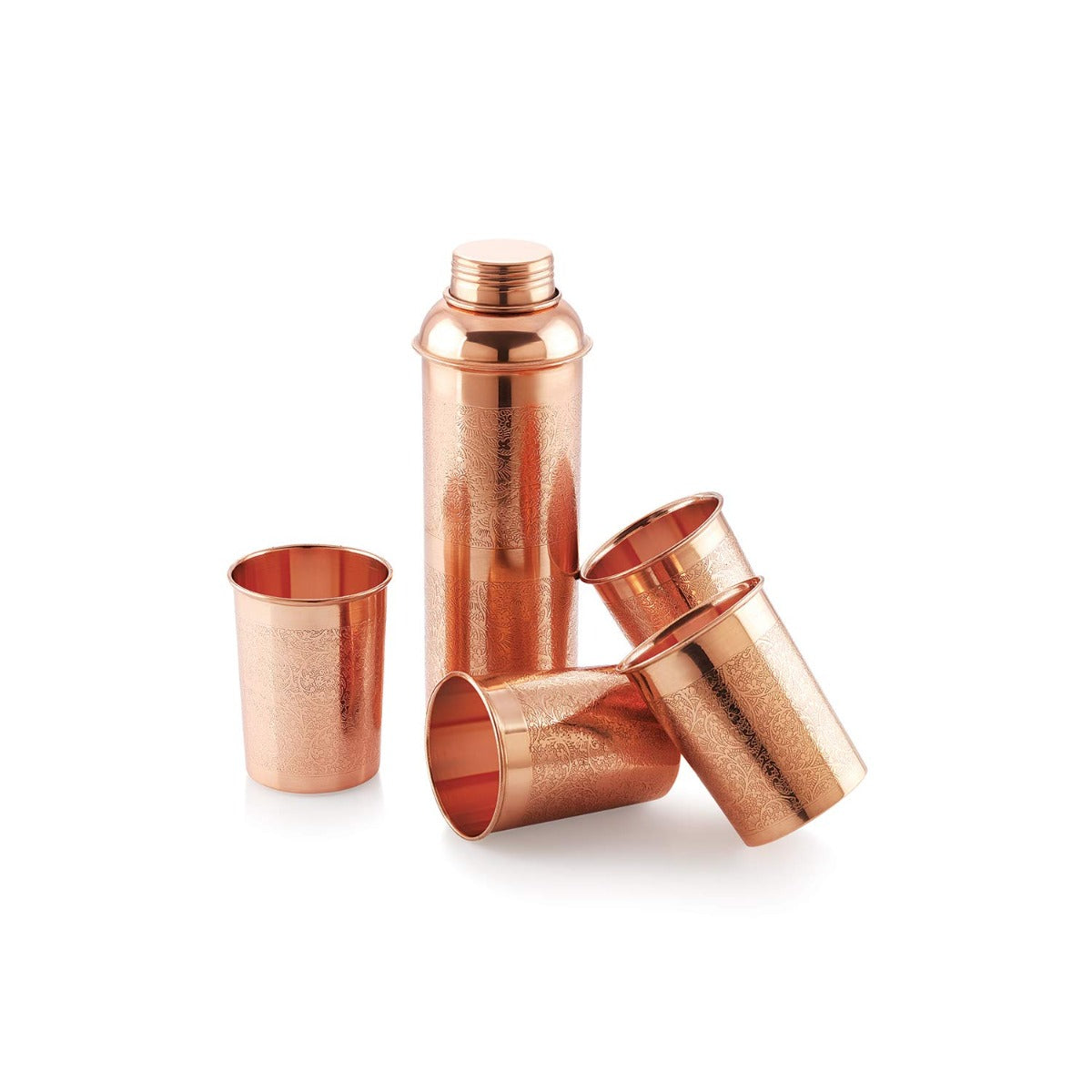 Pipal Product Llp Leak-Proof and Joint-Less Copper Drinkware Set with Ayurvedic Health Benefits, 1 Bottle and 4 Glasses