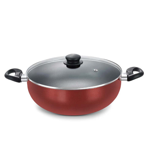 Prestige Omega Deluxe Aluminium Non-Stick Round Base Deep Kadai with Glass Lid 24cm (Red) 36725