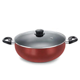 Prestige Omega Deluxe Aluminium Non-Stick Round Base Deep Kadai with Glass Lid 24cm (Red) 36725