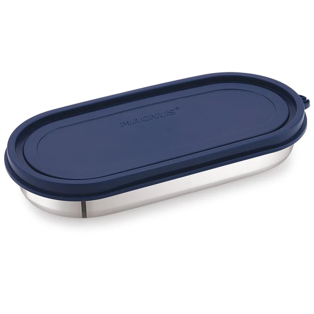Easy Lock Oval Prime Stainless Steel Container – Airtight & Leakproof Lid for School, Office, Picnic | Ideal for Men, Women & Kids (Dark Blue, 450ml)