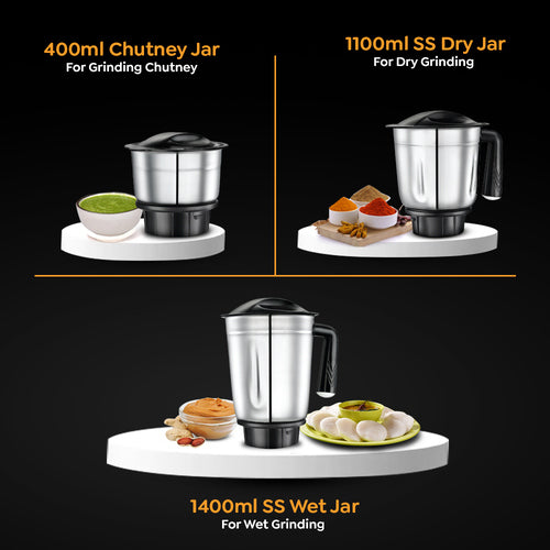 Superb Plus Mixer Grinder 500 Watts | 3 Stainless Steel Jars | Flow Breaker Design | Super-Efficient Blades | Blue & Black | Sturdy Handles