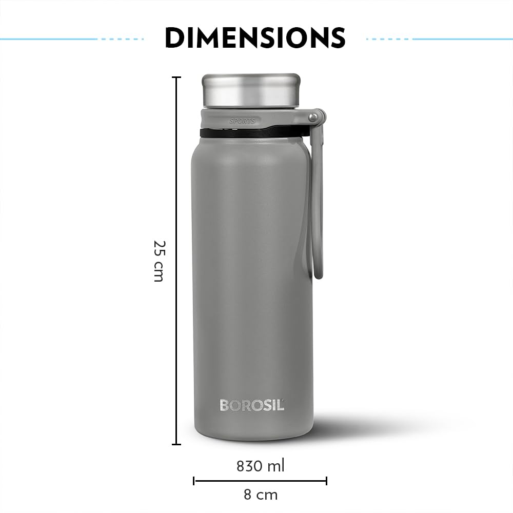 Hydra Aquafit 830ML Grey Stainless Steel Water Bottle – Ideal for Gym, Office, School (AQUAFIT 830-Grey)