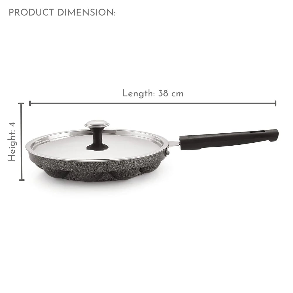 Appam Patra with Stainless Steel Lid | 12 Cavity Non-Stick Pan | Induction Friendly | Heavy Duty Aluminum | Single Handle with SS Lid | Appam Pan | Litti Maker | Black