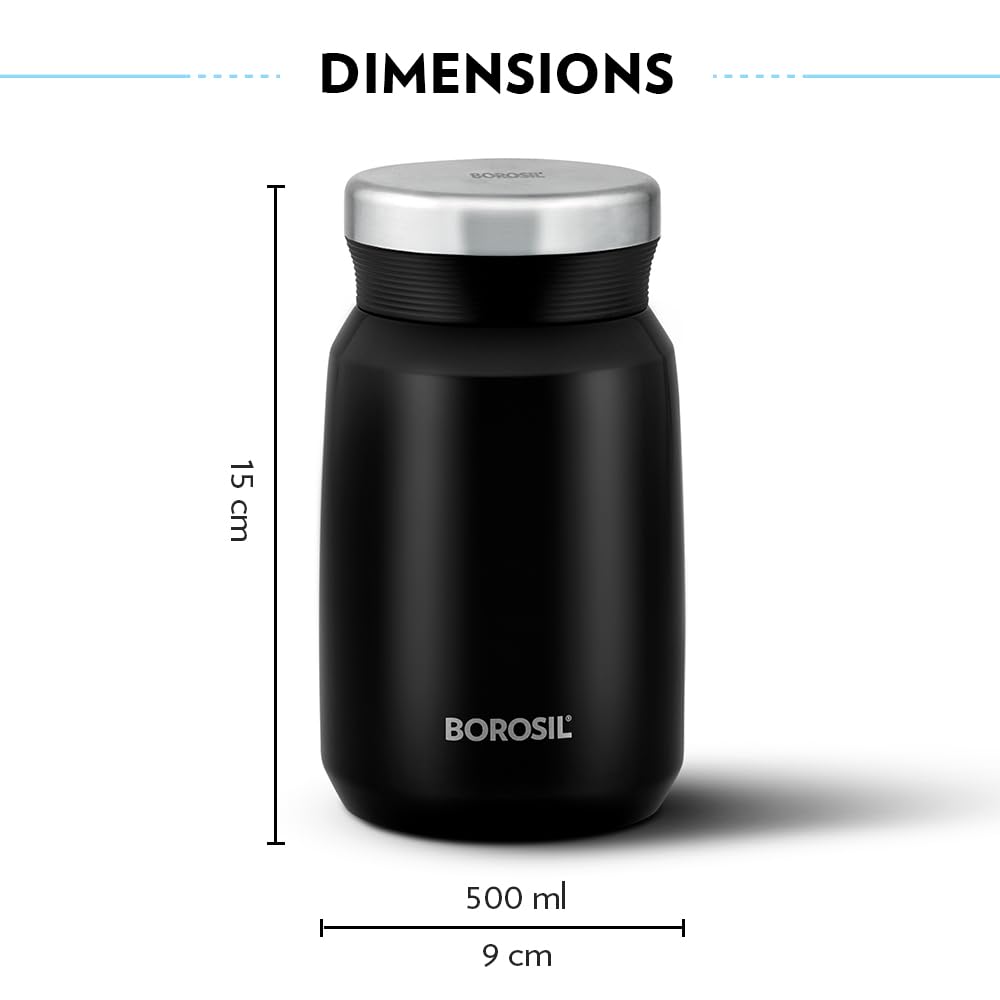Carry Mate Black 500ML Stainless Steel Food Jar | 12 Hrs Hot & 13 Hrs Cold | Leakproof, Copper Coated, Portable Mug | CM500BLK42