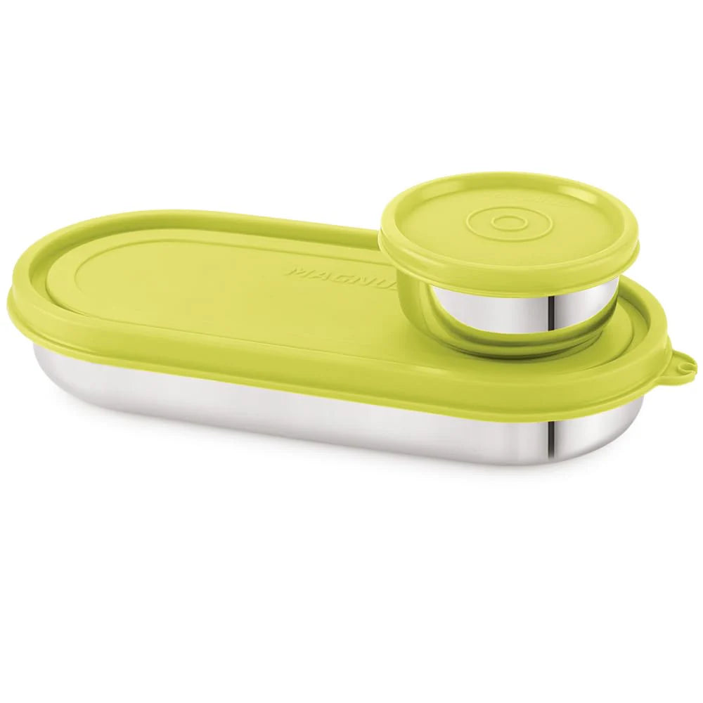 Easy Lock Stainless Steel Prime Oval & Chocolate Container Set – Airtight & Leakproof Tiffin for School, Office, Picnic | Lunch Box for Men, Women & Kids (Green, 100ml & 450ml)