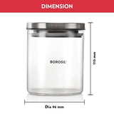 Borosil Classic Glass Jar with Wooden Tray, Air-Tight Storage Container For Kitchen, Glass Jar For Storing Spices, Snacks, Grains, Dals, Set of 3 (600 ml each) with Wooden Tray, Clear