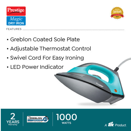 PDI 07 Magic Dry Iron 1000W with Greblon Coated Sole Plate (Blue, Black)