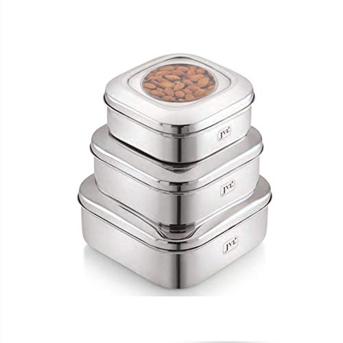 JVL Stainless Steel Kitchen's Storage Costa Square Shape Container Box 3 PC Set - 1500 ml, 2000 ml, 2500 ml