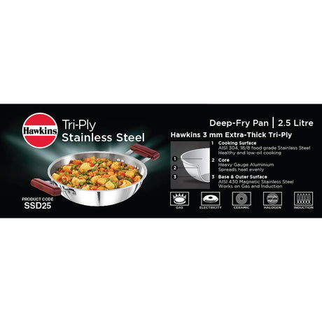 Hawkins Tri-Ply Stainless Steel Deep Fry Pan 2.5 Litre Without Lid