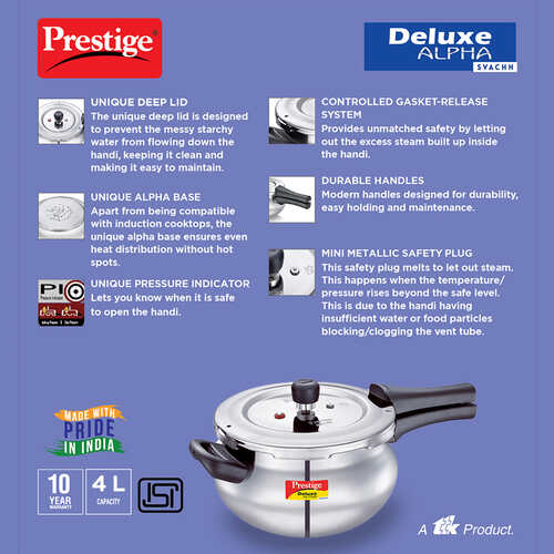 Prestige Deluxe Alpha Svachh Stainless Steel Spillage Control Junior Handi Pressure Cooker, 4 L (Silver) 20268