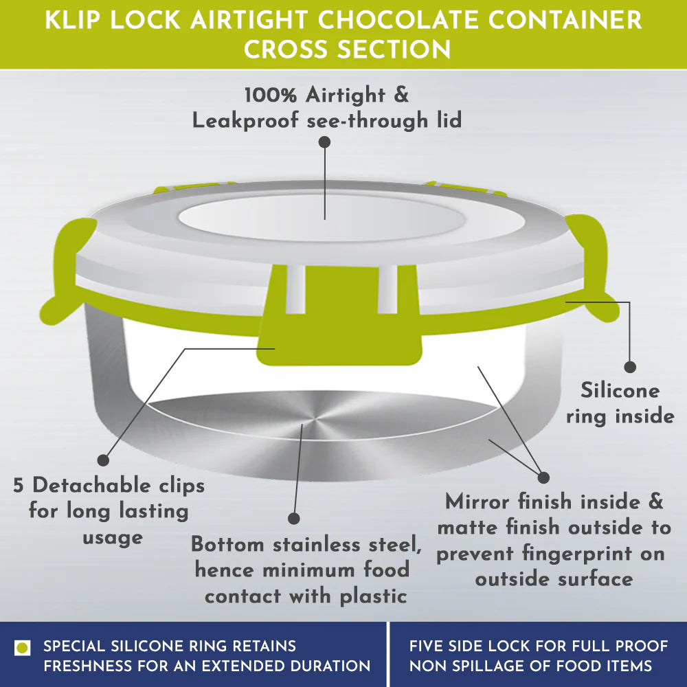 Klip Lock Stainless Steel Airtight Leakproof Storage Container – 450ML – Premium Lunch Box for Office Men, Kids & Women, Durable Kitchen Accessory