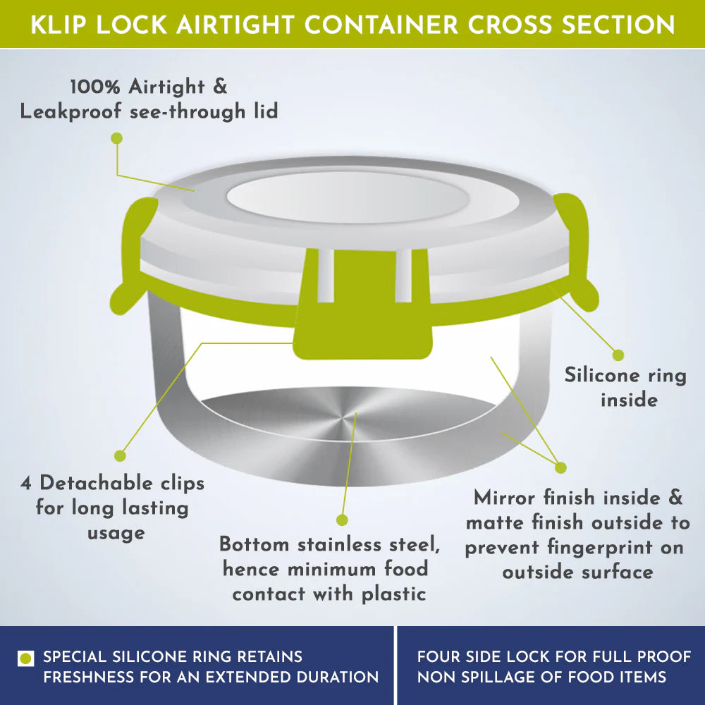 KLIP LOCK Stainless Steel Airtight Leakproof Storage Container – 300ML – Ideal Lunch Box for Office Men, Women & Kids, Durable Klip Lock Design