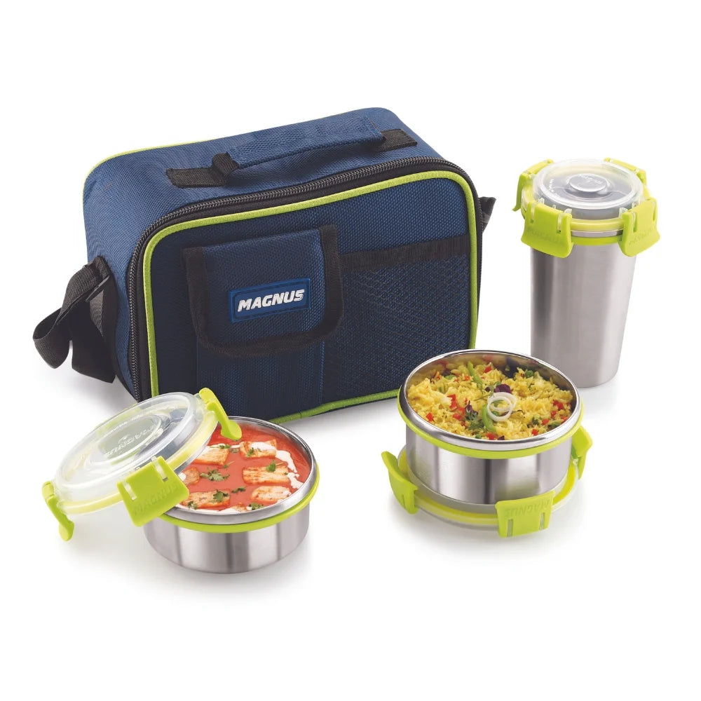 Ethos 3 Stainless Steel Lunch Box Set | 2 Containers & 1 Glass | Air-Tight, Leakproof, Insulated Bag | Ideal for Kids, Office Men & Women | Green