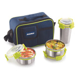 Ethos 3 Stainless Steel Lunch Box Set | 2 Containers & 1 Glass | Air-Tight, Leakproof, Insulated Bag | Ideal for Kids, Office Men & Women | Green