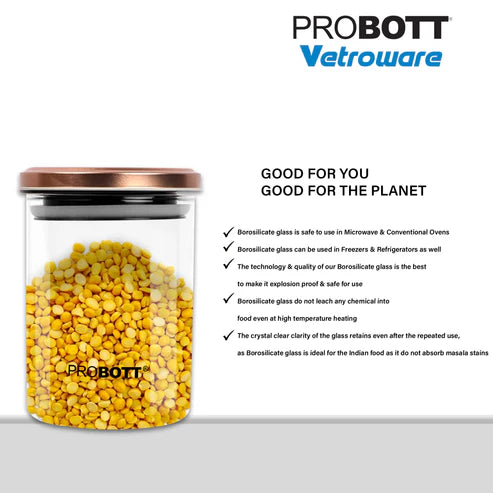 Vetroware 700ml Glass Jar – Round Container with Golden Metal Airtight Cap – Premium, Crystal Clear, Rust-Proof