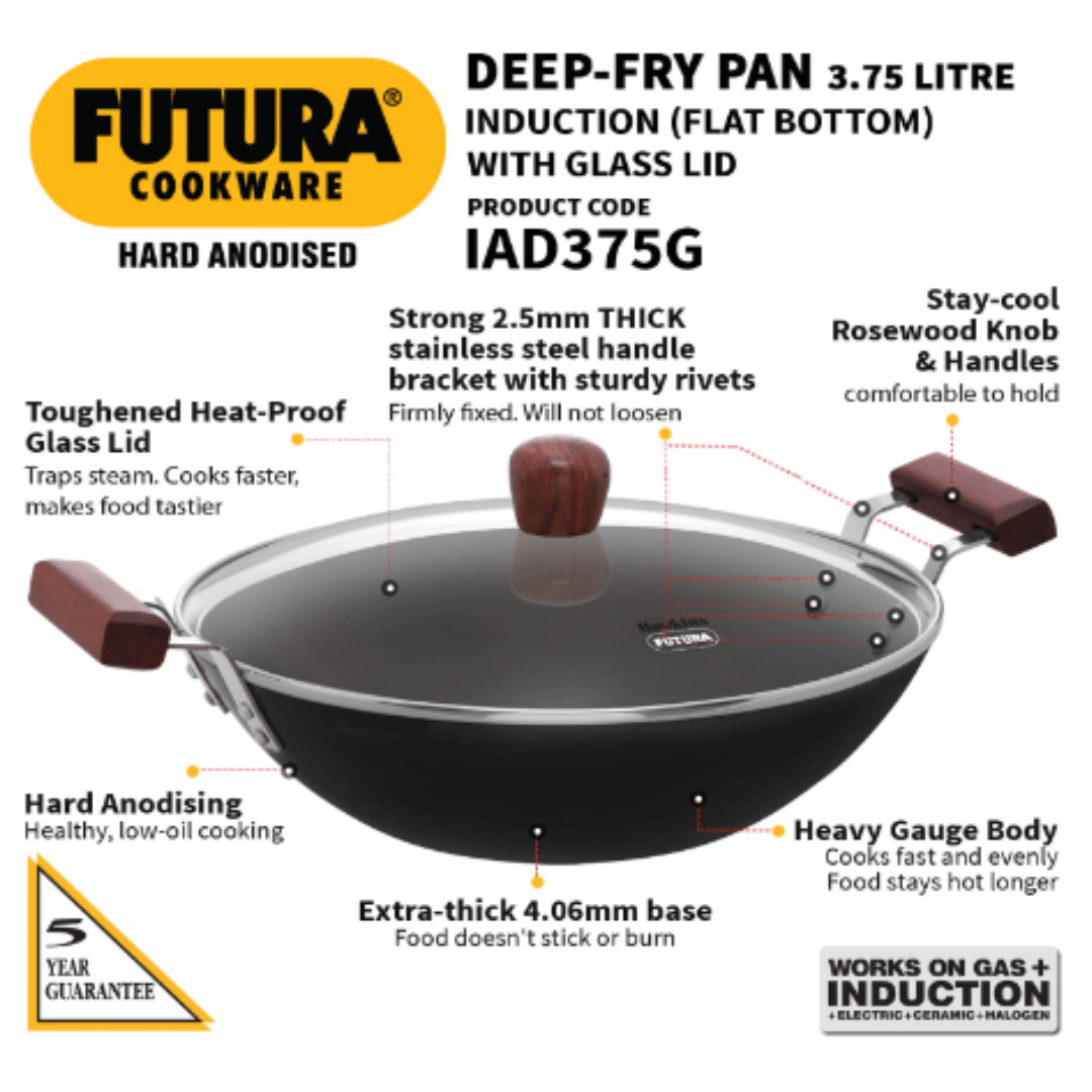 Hawkins 3.75 Litre Futura Hard Anodised Deep Fry Pan With Glass Lid, Induction Base, Black, IAD375G