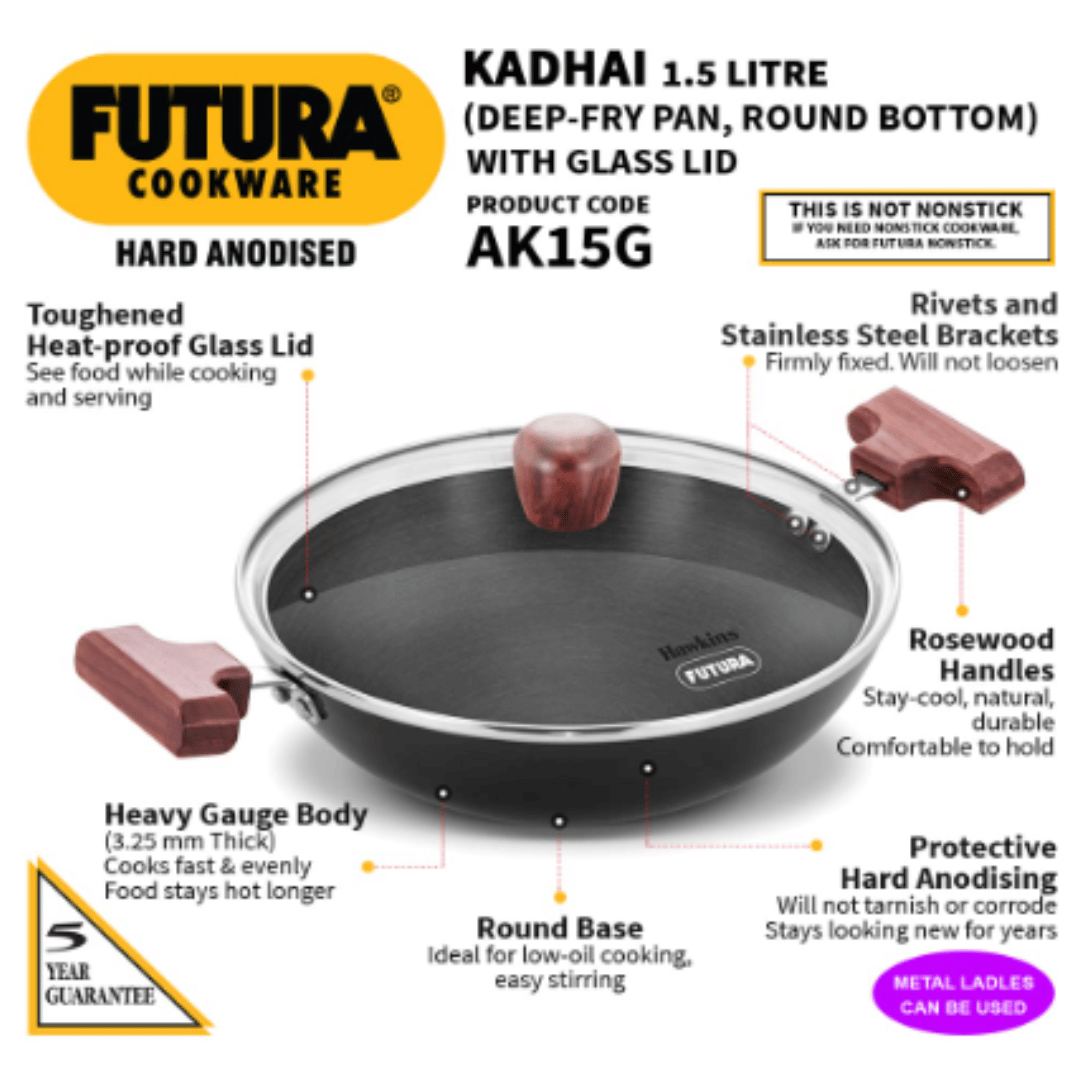 Hawkins 1.5 Litre Futura Hard Anodised Deep Fry Pan With Glass Lid, Round Bottom, Black, AK15G