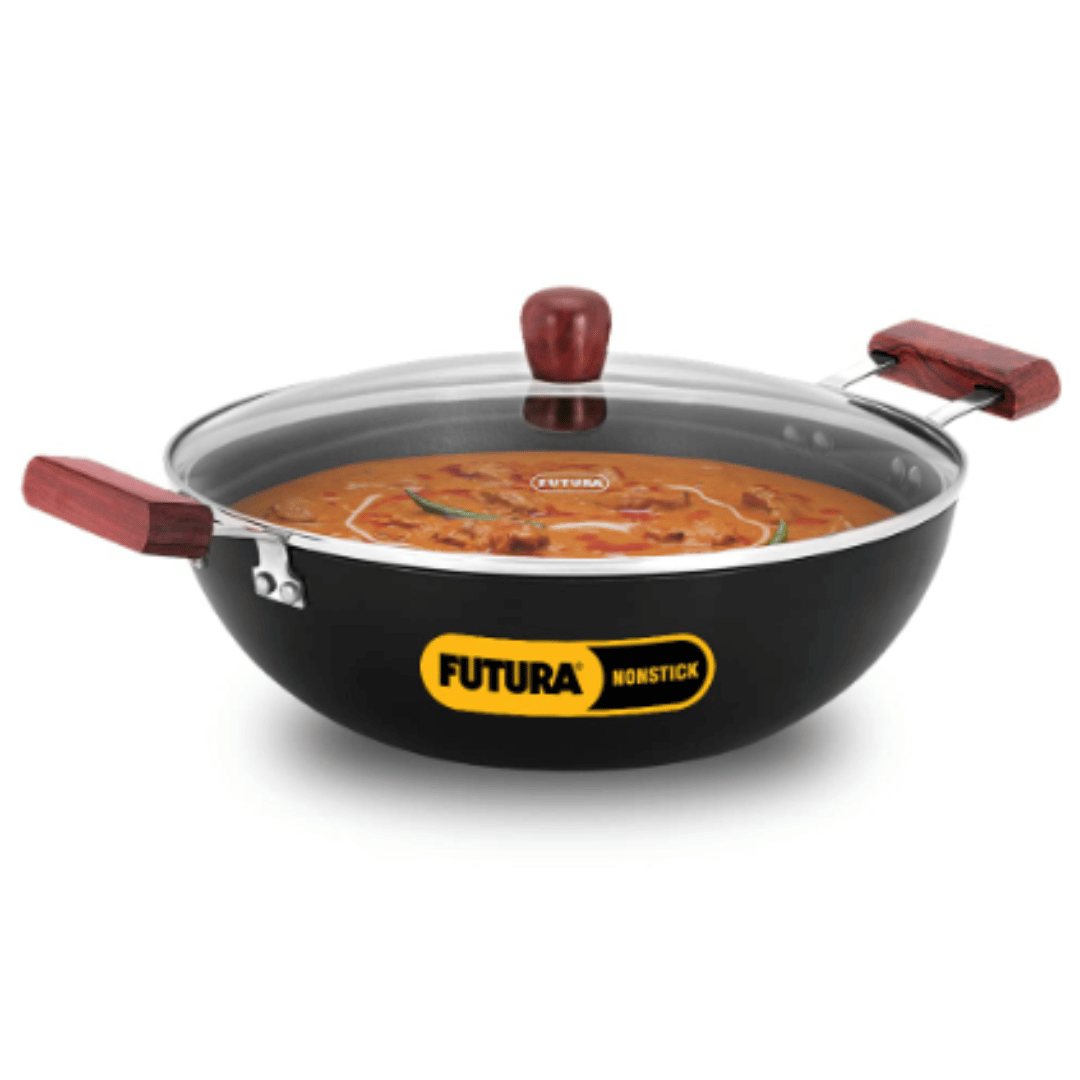 Hawkins 5 Litre Futura Nonstick Deep Kadai with Glass Lid, Flat Bottom Induction, Black INK50G