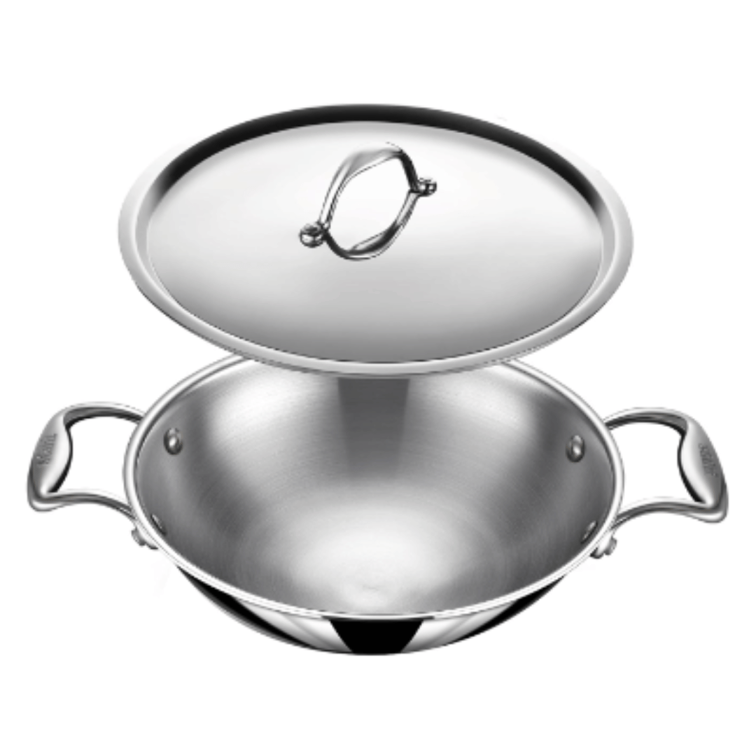 Stahl 1.8 L Triply Stainless Steel Kadai with Lid, Deep Frying Pan with Round Bottom, 4750