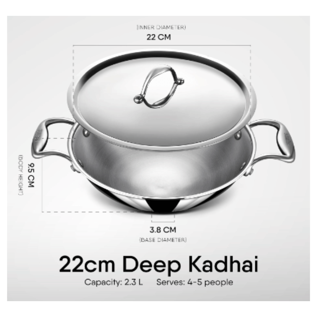 Stahl 2.3 L Triply Stainless Steel Kadai with Lid, Deep Frying Pan with Round Bottom, 4752