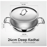 Stahl 2.6 L Triply Stainless Steel Kadai with Lid, Deep Frying Pan with Round Bottom, 4754