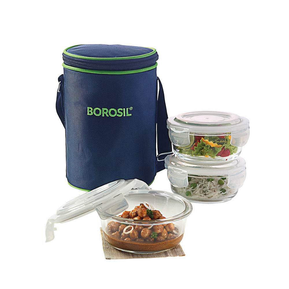 Borosil Lunch Box Set of 3 Round 400ml Microwavable Containers