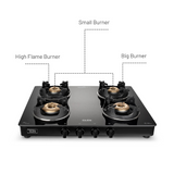 Glen CT 1042 GT BB BL HF CPS 4 Burner Glass Gas Stove with High Flame Brass Burner and Crown Pan Supports - Manual Ignition