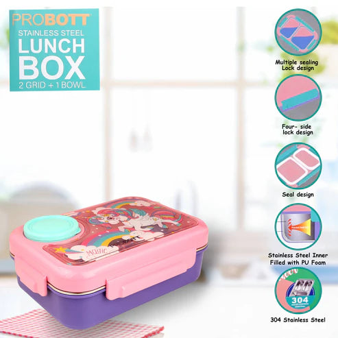 Fun Time 750ml Stainless Steel Lunch Box | 3-Grid Tiffin with Extra 80ml Bowl | Leak-Proof & BPA-Free | Ideal for School & Office | PBH 6026