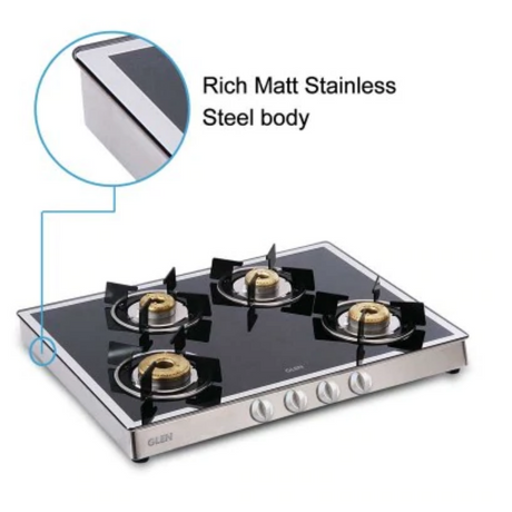 Glen  4 Burner Glass Gas Stove Mirror Finish 1 High Flame 3 Forged Brass Burner 70 CM (1048 GT FBM)