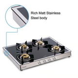 Glen  4 Burner Glass Gas Stove Mirror Finish 1 High Flame 3 Forged Brass Burner 70 CM (1048 GT FBM)