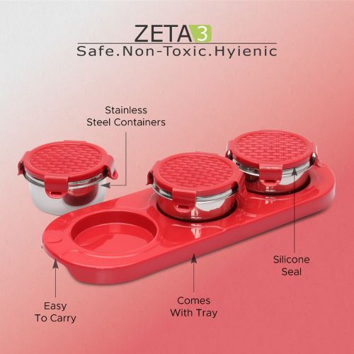 Jaypee plus ZETA-3 Airtight Inner Stainless Steel Dry Fruit Container Set of 3 with Tray 3N - 350 ml Red