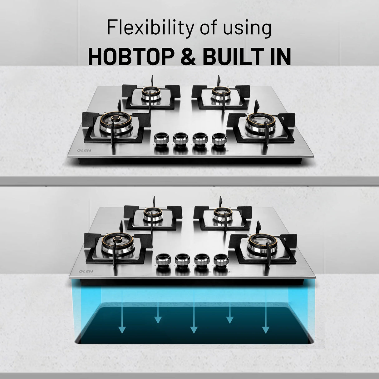 4 Burner Stainless Steel Hob Top with Mini Triple Ring & Double Ring Brass Burners Auto Ignition (BH1074SQHTSSDBMT70)