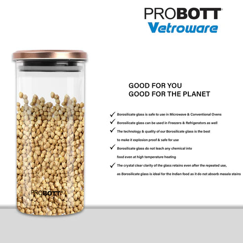 Vetroware 1300ml Glass Jar – Round Container with Golden Metal Airtight Cap – Premium, Crystal Clear, Rust-Proof