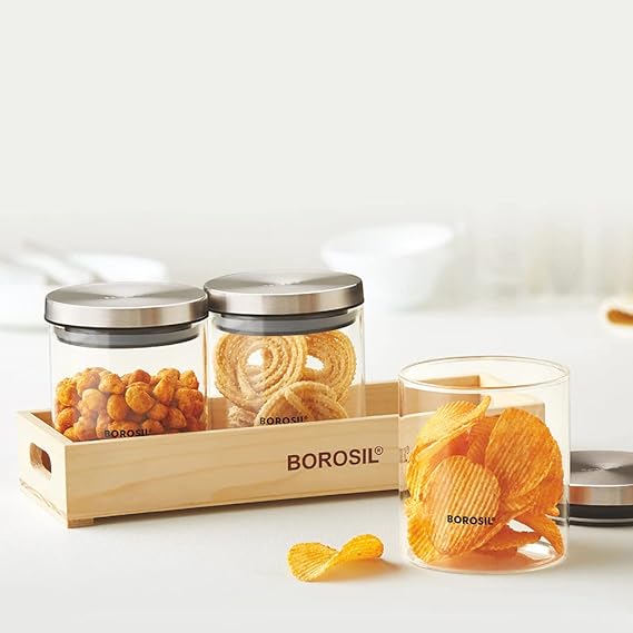 Borosil Classic Glass Jar with Wooden Tray, Air-Tight Storage Container For Kitchen, Glass Jar For Storing Spices, Snacks, Grains, Dals, Set of 3 (600 ml each) with Wooden Tray, Clear