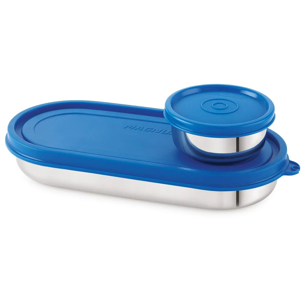 Easy Lock S S Prime Oval & Chocolate Container | Airtight & Leakproof Lid | Tiffin for School, Office, Picnic | Ideal Lunch Boxes for Men, Women, and Kids (Blue, 100ml, 450ml)