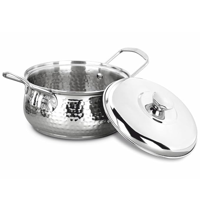 Vinod Stainless Steel Milano Hammered Serving Casserole with Steel Lid & Side Handle – 1630 ml, 18 cm