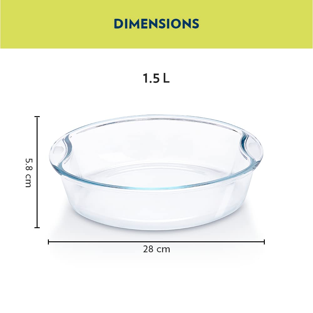 Borosil 1.5 Baking Dish Set with Handle | Round Shape Bowl Container | Borosilicate Glass Bake and Serve Dish Tray | Microwave, Oven & Dishwasher Safe | Transparent
