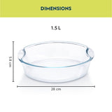 Borosil 1.5 Baking Dish Set with Handle | Round Shape Bowl Container | Borosilicate Glass Bake and Serve Dish Tray | Microwave, Oven & Dishwasher Safe | Transparent