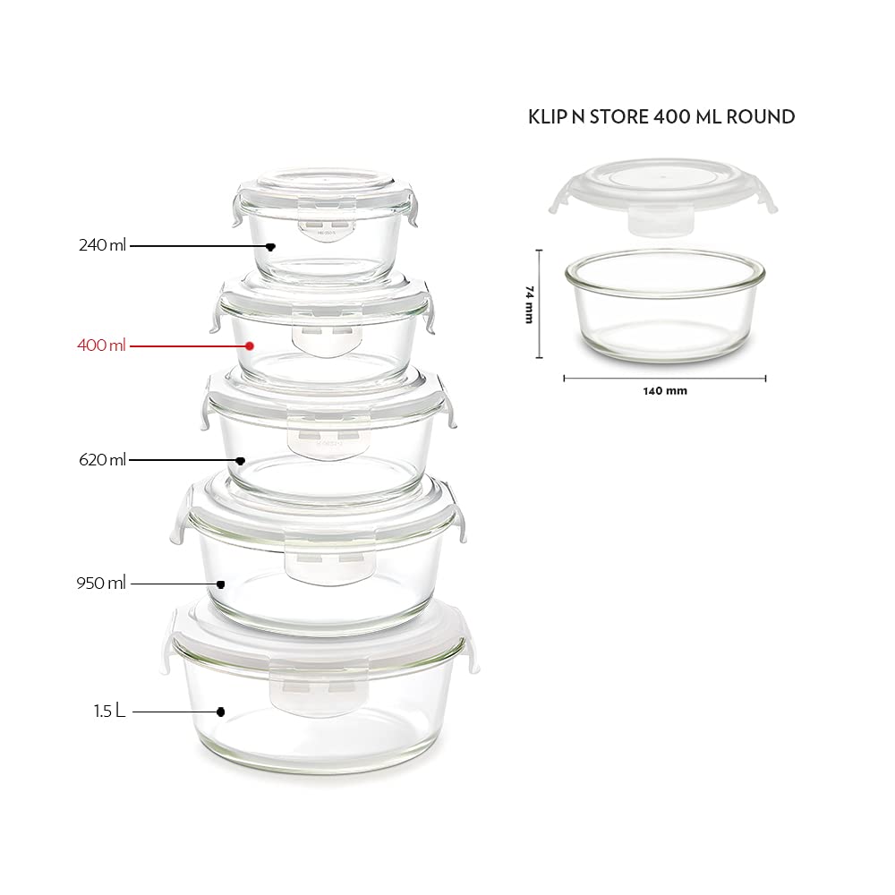 Borosil Klip-N-Store Set of 3 Microwave & Oven Safe Gift Set, Glass Storage Container, 400ml, 620ml & 950ml Round, with Air Tight Lid (Transparent)